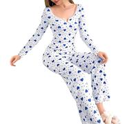 Pyjamas Set For Women Lightweight Ribbed Heart-Shaped Print Pjs Sets Ladies Sweetness Long Sleeve Cozy Pyjama Set Classic Adorable Nightwear Super Soft Comfy Loungewear 2 Piece Sleepwear For All Year