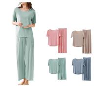 Pyjamas Set for Women Lounge Wear Sets UK Soft Ladies Classic Pjs 2 Piece Outfits V-Neck Short Sleeve Solid Color Tops Wide Leg Pants Summer Loungewear Oversized Leisure Sleepwear