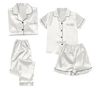 Pyjamas Set for Women, Silk Satin 4pcs Pjs Set Short Sleeve Button Down Pjs Sets with Long Pajama Pants and Shorts Soft Sleepwear Loungewear Bridesmaid Pj Sets for All Seasons White