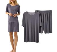 Pyjamas Set for Women Soft Ladies Classic Pjs 2 Piece Outfits V-Neck Short Sleeve Solid Color Tops and Wide Leg Pants Summer Loungewear Oversized Leisure Sleepwear