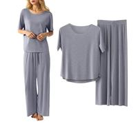Pyjamas Set for Women Soft Ladies Classic Pjs 2 Piece Outfits V-Neck Short Sleeve Solid Color Tops and Wide Leg Pants Summer Loungewear Oversized Leisure Sleepwear