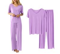 Pyjamas Set for Women Soft Ladies Classic Pjs 2 Piece Outfits V-Neck Short Sleeve Solid Color Tops and Wide Leg Pants Summer Loungewear Oversized Leisure Sleepwear