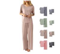 Pyjamas Set for Women Soft Ladies Classic Pjs Summer Round Neck Short Sleeve 2 Piece Loungewear Solid Tops and Wide Leg Trousers Shorts Oversized Leisure Sleepwear Nightwear 1