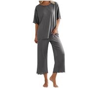 Pyjamas Set for Women Uk 2 Piece Outfits Short Sleeve Crew Neck Shirts Tops Elastic Waist Pants Bottoms Summer Casual Pjs Co Ord Set Nightwear Ladies Loungwear Sleepwear Soft Comfy Pajama Homewear