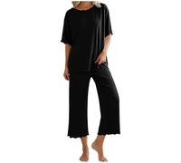 Pyjamas Set for Women Uk 2 Piece Outfits Short Sleeve Crew Neck Shirts Tops Elastic Waist Pants Bottoms Summer Casual Pjs Co Ord Set Nightwear Ladies Loungwear Sleepwear Soft Comfy Pajama Homewear