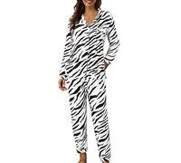 Pyjamas Sets For Women Uk Long | Womens Loungewear Sets Uk Sleepwear Comfortable Button Blouse Elegant Zebra Print Nightwear Lightweight Homewear Long Sleeve Cardigan Lapel Collar Pyjamas Suit Outfit