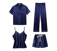 Pyjamas Women Women Satin Pyjamas 4pcs Silk Pyjama Set Short Sleeve Button Down Sleepwear Breathable Cami and Shorts Pjs Set Loungewear Comfortable Elastic Waisted Trousers Pjs for Sets Navy XL