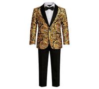 PYJTRL Boys 4-Piece Suit Set Paisley Floral Sequins Embroidered Velvet Blazer Jacket Black Pants Shirt Bow Tie Outfit 4-16Y,Gold,16Y