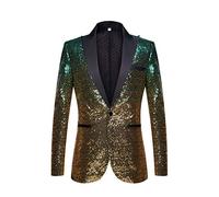 PYJTRL Men Fashion Gradual Change Color Sequins Suit Jacket (Green Gold, S)