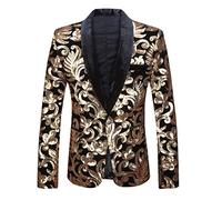 PYJTRL Men Fashion Velvet Sequins Floral Pattern Suit Jacket Blazer (Black Flat Collar, S)