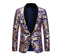 PYJTRL Men Fashion Velvet Sequins Floral Pattern Suit Jacket Blazer (Blue 01, XS)