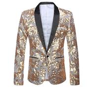PYJTRL Men Fashion Velvet Sequins Floral Pattern Suit Jacket Blazer (Gold, XL)