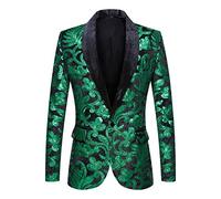 PYJTRL Men Fashion Velvet Sequins Floral Pattern Suit Jacket Blazer (Green, S)