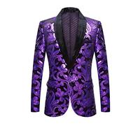 PYJTRL Men Fashion Velvet Sequins Floral Pattern Suit Jacket Blazer (Purple, M)