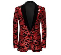 PYJTRL Men Fashion Velvet Sequins Floral Pattern Suit Jacket Blazer (Red, L)