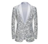 PYJTRL Men Fashion Velvet Sequins Floral Pattern Suit Jacket Blazer(Silver,XS)