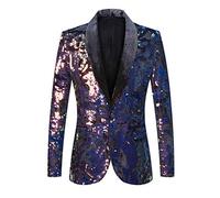 PYJTRL Men Fashion Velvet Sequins Floral Pattern Suit Jacket Blazer (Velvet - Blue, L)