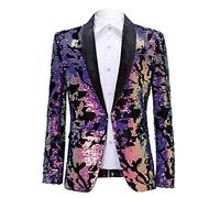 PYJTRL Men Fashion Velvet Sequins Floral Pattern Suit Jacket Blazer (Velvet - Purple, XL)