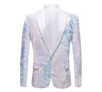 PYJTRL Men Fashion Velvet Sequins Floral Pattern Suit Jacket Blazer (White, M)