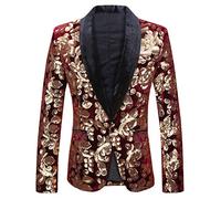 PYJTRL Men Fashion Velvet Sequins Floral Pattern Suit Jacket Blazer (Wine red 01, XL)
