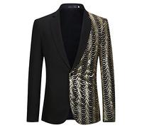 PYJTRL Men Green Blue Gold Leaves Pattern Sequins Blazer (Black, S)