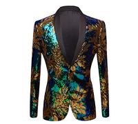 PYJTRL Men Green Blue Gold Leaves Pattern Sequins Blazer (Blue, 46)