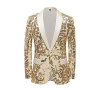 PYJTRL Men Stylish Satin Face Sequins Floral Pattern Suit Jacket Blazer (Champagne Gold, 54)