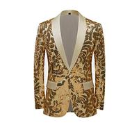 PYJTRL Men Stylish Satin Face Sequins Floral Pattern Suit Jacket Blazer (Gold, 52)