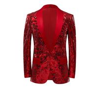 PYJTRL Men Stylish Satin Face Sequins Floral Pattern Suit Jacket Blazer(Red,L)