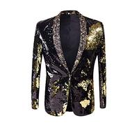 PYJTRL Men Stylish Two Color Conversion Shiny Sequins Blazer Suit Jacket (Black + Gold, 3XL)