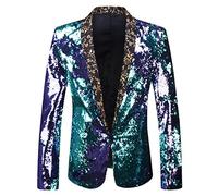 PYJTRL Men Stylish Two Color Conversion Shiny Sequins Blazer Suit Jacket (Blue + Purple, L)