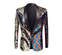 PYJTRL Men Stylish Two Color Conversion Shiny Sequins Blazer Suit Jacket (Colorful, M)