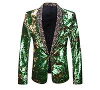 PYJTRL Men Stylish Two Color Conversion Shiny Sequins Blazer Suit Jacket (Gold + Green, M)