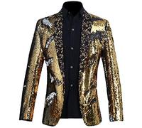 PYJTRL Men Stylish Two Color Conversion Shiny Sequins Blazer Suit Jacket (Gold + Silver, XXL)