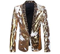 PYJTRL Men Stylish Two Color Conversion Shiny Sequins Blazer Suit Jacket (Gold + White, S)