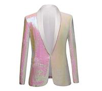PYJTRL Men Stylish Two Color Conversion Shiny Sequins Blazer Suit Jacket (Pink, XXL)