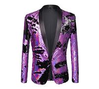 PYJTRL Men Stylish Two Color Conversion Shiny Sequins Blazer Suit Jacket (Purple + Black, XL)