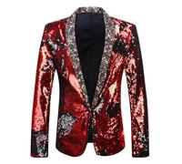 PYJTRL Men Stylish Two Color Conversion Shiny Sequins Blazer Suit Jacket (Red + Black, S)