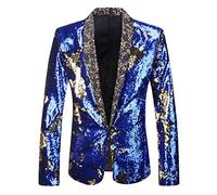 PYJTRL Men Stylish Two Color Conversion Shiny Sequins Blazer Suit Jacket (Royal Blue + Gold, XS)