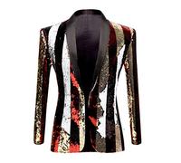 PYJTRL Men Stylish Two Color Conversion Shiny Sequins Blazer Suit Jacket (Stripe, M)