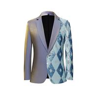 PYJTRL Men's Asymmetrical Design Blazer Sequin Geometric Diamond Pattern Slim Fit Jacket for Prom Wedding Banquet,Blue,M