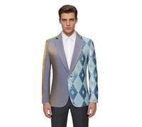 PYJTRL Men's Asymmetrical Design Blazer Sequin Geometric Diamond Pattern Slim Fit Jacket for Prom Wedding Banquet,Blue,XXL