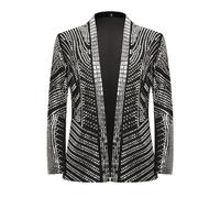 PYJTRL Men's Black and Gold Sequined Wedding Performance Party high-end Fitted Luxurious Full Sequin Suit Jacket,Silver,3XL