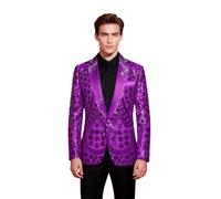 PYJTRL Men's Embroidered Sequin Floral Pattern Blazer Jacket with Rhinestone Notched Collar for Wedding Party Prom,Purple,L