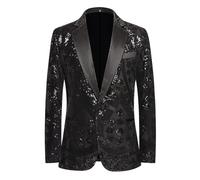 PYJTRL Men's Embroidered Sequin Floral Pattern Blazer Jacket with Rhinestone Notched Collar for Wedding Party Prom,Black,XL