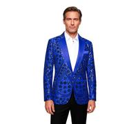 PYJTRL Men's Embroidered Sequin Floral Pattern Blazer Jacket with Rhinestone Notched Collar for Wedding Party Prom,Blue,XL
