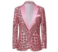 PYJTRL Men's Embroidered Sequin Floral Pattern Blazer Jacket with Rhinestone Notched Collar for Wedding Party Prom,Pink,3XL