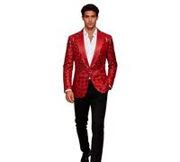 PYJTRL Men's Embroidered Sequin Floral Pattern Blazer Jacket with Rhinestone Notched Collar for Wedding Party Prom,Red,XL