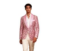 PYJTRL Men's Embroidered Sequin Floral Pattern Blazer Jacket with Rhinestone Notched Collar for Wedding Party Prom,Pink,L