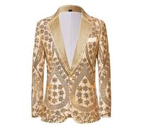 PYJTRL Men's Embroidered Sequin Floral Pattern Blazer Jacket with Rhinestone Notched Collar for Wedding Party Prom,Gold,XS